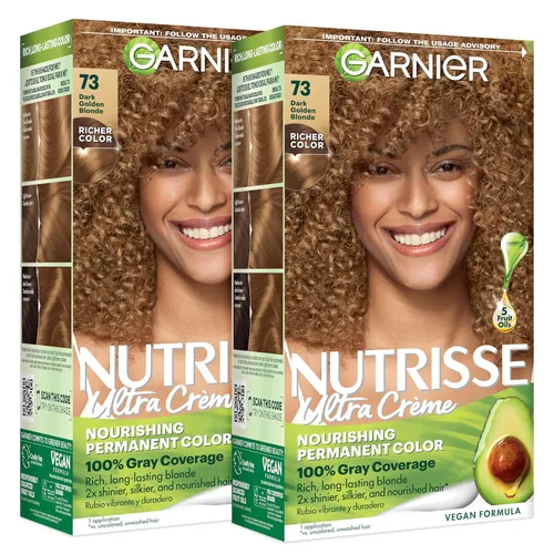 Garnier Nutrisse - Tinte permanente en crema nutritiva para el cabello, 73 rubio dorado oscuro (Honey Dip), 2 unidades (el empaque puede variar)
