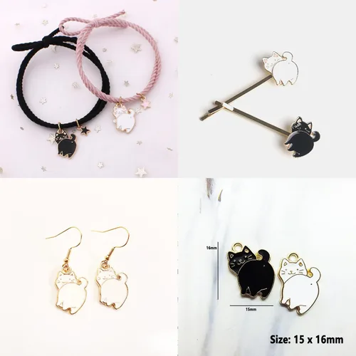 Miniatura 4 de 30 dijes adorables de gato de anime para hacer joyas, mezcla de 3 diseños de esmalte de gato blanco y negro, encantadores dijes para mujeres, hechos