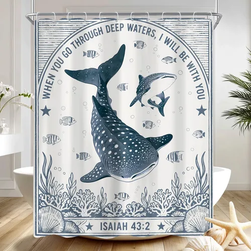 Miniatura 24 de Riyidecor Ocean - Cortina de ducha para niños, 60 pulgadas de ancho x 72 pulgadas de alto, diseño de ballena, dibujos animados, animales, delfín