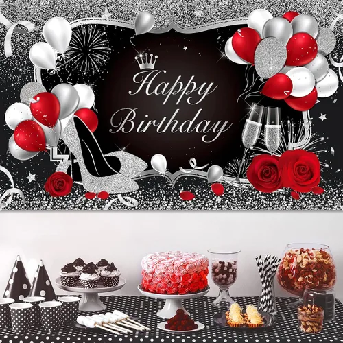 Miniatura 5 de Irenare Cartel de feliz cumpleaños rojo telón de fondo rojo decoración para mujeres y hombres, pancarta negra para suministros de fiesta, globos
