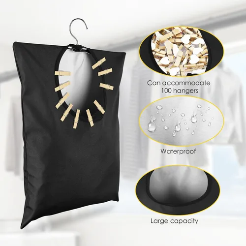 Miniatura 4 de 2 bolsas colgantes con gancho para ropa – 15 x 11 pulgadas negro soporte de lona para ropa – Organizador de almacenamiento impermeable para pinzas