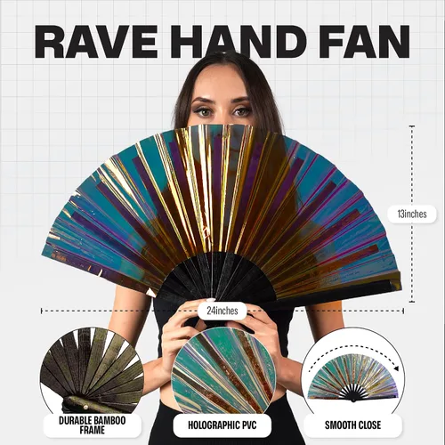 Miniatura 41 de SoJourner Bags Rave Fan – Ventilador plegable grande – Ventilador de mano Clack para raves, Halloween, Burlesque, trajes de arcoíris para mujeres