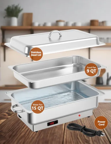 Miniatura 2 de GarveeHome Juego de bufé eléctrico de acero inoxidable con 1 sartén y tapa de 9 cuartos de galón, control de temperatura de 400 W, 86-200 °F