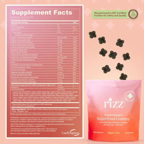 Miniatura 6 de Rizz Gomitas verdes sin azúcar, más de 60 superalimentos, 6g de fibra, gomitas prebióticas y probióticas, multivitaminas veganas para mujeres