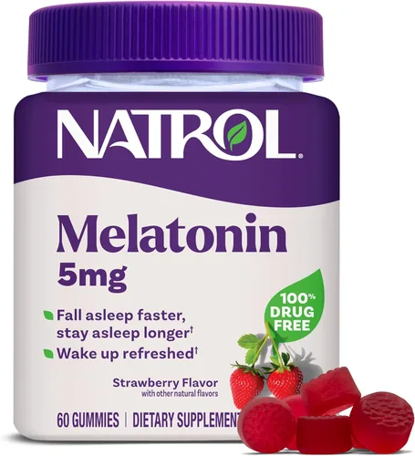 Natrol Melatonina 5 mg, suplemento dietético para un sueño reparador, 60 gomitas con sabor a fresa, suministro para 60 días