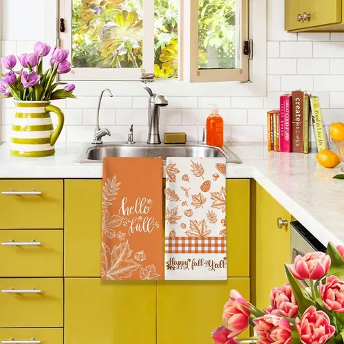 Miniatura 9 de Toallas de cocina de otoño, juego de 2, calabazas de otoño con hojas de arce, naranja a cuadros, paños de cocina para baño, temporada de Acción