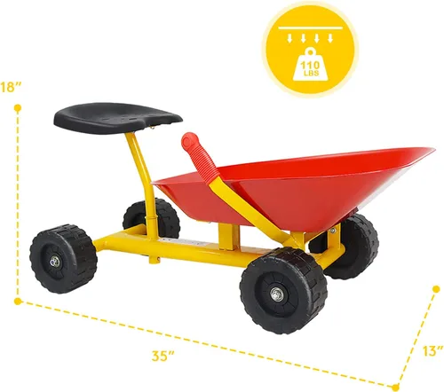 Miniatura 6 de Costzon - Carretilla de arena para niños, juguete de caja de arena para exteriores con mango ergonómico y 4 ruedas, herramienta de juego de jardín