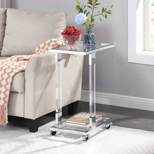 Mesa auxiliar de cristal plateado, mesas auxiliares cromadas en forma de C con ruedas móviles, mesa acrílica, mesa C deslizante, debajo del sofá,