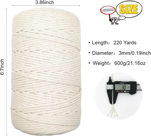 Miniatura 2 de Cuerda de macramé de 0.118 in para 220 yardas, cuerda de algodón de 68.8 pies, cuerda de macramé de color 100% natural para kit de macramé, ganchos