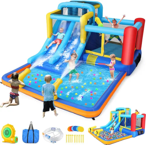 Miniatura 9 de Tobogán acuático inflable para niños, parque acuático 5 en 1 con tobogán para húmedo y seco, toboganes acuáticos inflables de 13 x 8.3 x 7.1 pies