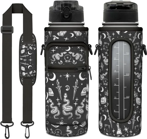 Miniatura 20 de Goth Moon Botella de agua de medio galón con funda - Botella de agua con tapa abatible sin BPA de 32 onzas - con marcador de tiempo, jarra de agua a