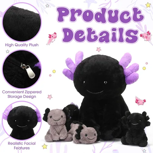 Miniatura 3 de Lenwen 5 piezas de juguetes de peluche de ajolotl, 1 mamá negra con 4 bebés lindos, animales de peluche ajolote peluches en la barriga, regalos