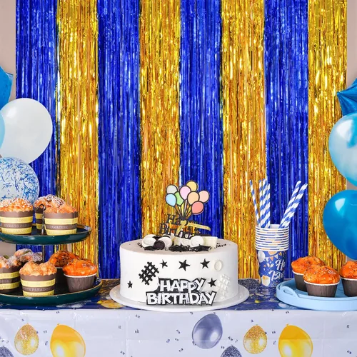 Miniatura 5 de LOLStar Paquete de 2 decoraciones de fiesta azul marino y dorado, cortinas de flecos de aluminio de 3.3 x 6.6 pies, telón de fondo de oropel