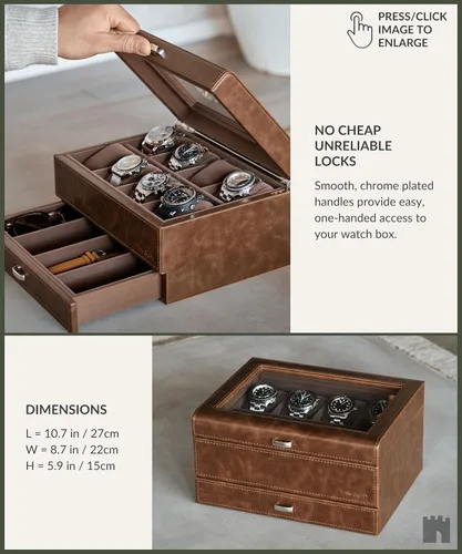Miniatura 6 de TAWBURY Organizador de caja de reloj con 8 ranuras para hombre, funda de lujo de piel sintética con cajón Caja de reloj para hombres Estuche