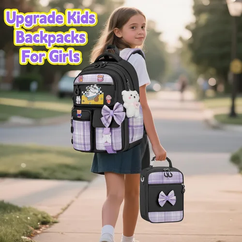 Miniatura 6 de Mochila para niñas con juego de lonchera, 5 piezas, color negro, linda mochila Kawaii para adolescentes, mochila escolar estética para primaria