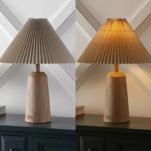 Miniatura 5 de JONATHAN Y JYL1146A Arvid 20.5" lámpara de mesa LED estilo faro escandinavo rústico de resina/hierro con pantalla plisada, acabado en madera beige