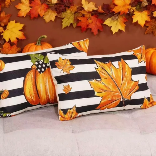 Miniatura 4 de Juego de 2 fundas de almohada de calabaza otoñal de 12 x 20 pulgadas, fundas de almohada decorativas de otoño con rayas de arce para sofá