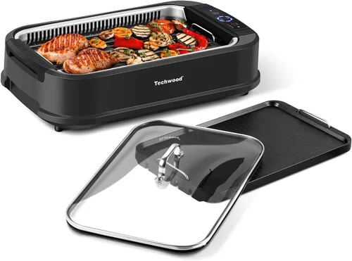 Techwood - Parrilla eléctrica para interiores sin humo, parrilla de barbacoa coreana con tapa de vidrio, tecnología de extractor de humo turbo,