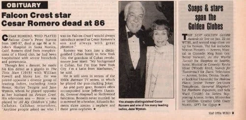 Cesar Romero Obituario Recorte Revista foto orig 1pg 5x7 D10015