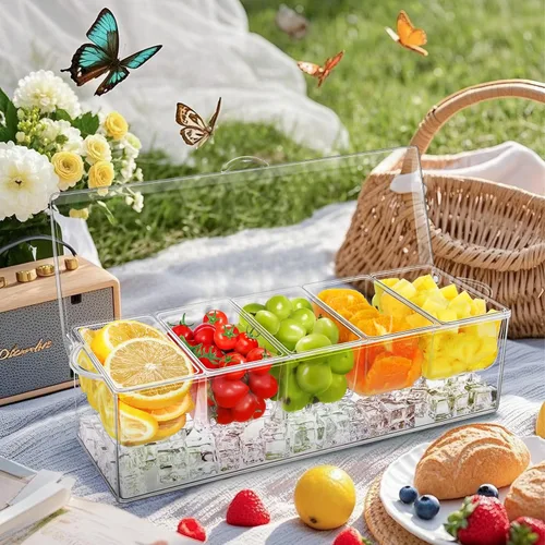 Miniatura 9 de Servidor de condimentos de 5 compartimentos, recipientes de condimentos enfriados con hielo, bandeja transparente para servir condimentos sobre