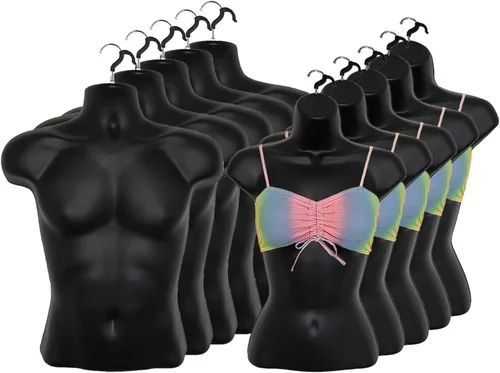 Miniatura 11 de Maniquí negro para hombre + mujer negra, forma de inyección, cintura media redondeada, cuerpo torso, forma de vestido con ganchos para colgar