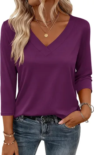 Miniatura 14 de Zeagoo Camisetas de manga 3/4 para mujer, cuello en V, blusa casual elegante, camisetas básicas 2026, ropa de moda S-2XL