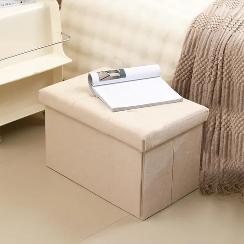 Miniatura 2 de Otomano de Almacenamiento Cúbico Pequeño, Reposapiés Plegable, Asiento Cuadrado, Otomano Acolchado de Lino Beige