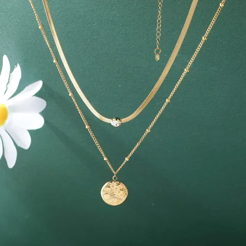 Miniatura 6 de Secroma Collares de oro en capas para mujer, collar de medallón de moneda de 16 quilates, gargantilla de cadena de serpiente, collar de acero