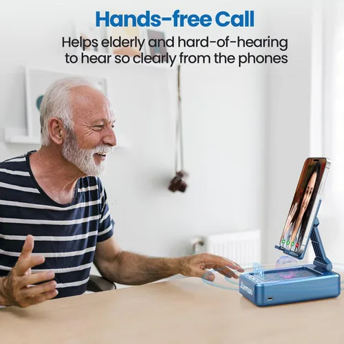 Miniatura 6 de JTEMAN Soporte para teléfono celular con altavoz Bluetooth, sonido estéreo HD y base antideslizante, soporte plegable ajustable para teléfono de Azul