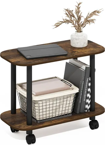Miniatura 8 de Furinno Turn-N-Tube - Mesa auxiliar rectangular de 2 niveles con ruedas, mesita de noche de esquina redonda, mesita de noche con estante abierto