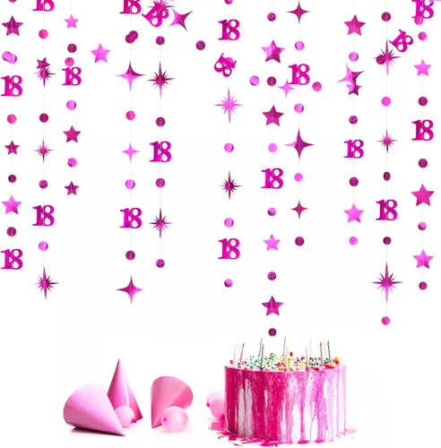 Miniatura 16 de Decoración de cumpleaños número 18 en negro, número 18 con punto circular, guirnalda de estrellas centelleantes, banderines de serpentina metálica