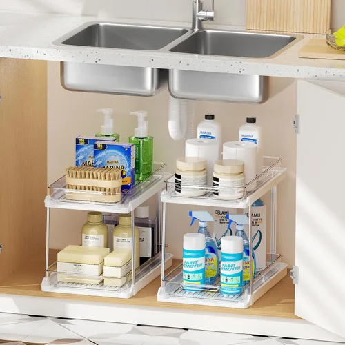 Miniatura 8 de Delamu Organizadores y almacenamiento de 2 niveles para debajo del fregadero, cajones extraíbles con diseño antideslizante, almacenamiento multiusos