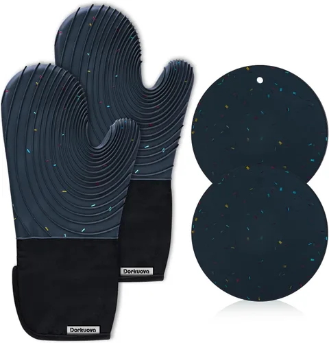 Guantes de horno de silicona, guantes forrados de algodón, sin BPA, guantes largos de cocina y salvamanteles, juego de guantes de horno para Gris