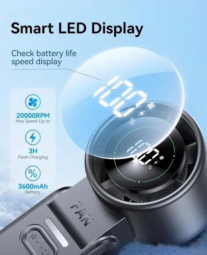 Miniatura 6 de KIMMOO Ventilador Turbo Portátil de Mano 3 en 1 - 100 Velocidades, 13500 RPM, 12 Horas de Refrigeración, Pantalla Digital, Rotación de 120°, Mini