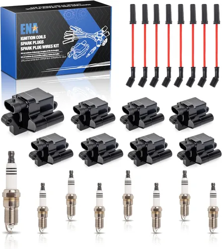ENA Juego de 8 bobinas de encendido cuadradas 8 bujías de platino y juego de cables rojos compatibles con Chevrolet Chevy GMC Hummer Avalanche
