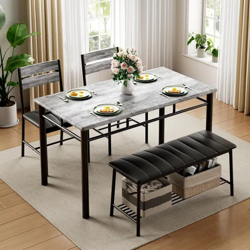 Miniatura 3 de IRONCK Juego de mesa de comedor para 4, mesa de cocina con banco tapizado y 2 sillas, juego de mesa de cocina y sillas para espacio pequeño, Gris