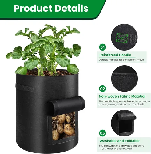 Miniatura 3 de Paquete de 6 bolsas de cultivo de papas, bolsas de plantación de 10 galones, macetas grandes de tela con ventana de solapa, maceta de jardín, Negro