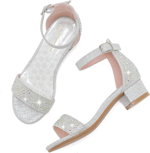 Miniatura 3 de Dufannie - Sandalias de vestir de tacón bajo para niñas pequeñas y grandes, con correa para el tobillo, punta abierta, para usar en fiestas de boda