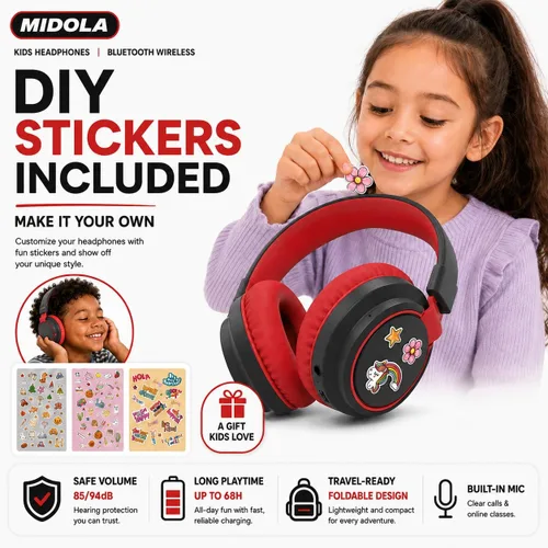 Miniatura 8 de MIDOLA Auriculares para niños Bluetooth 5.3 inalámbrico 60H tiempo de reproducción Volumen limitado 85/110dB sobre la oreja Auriculares de Negro