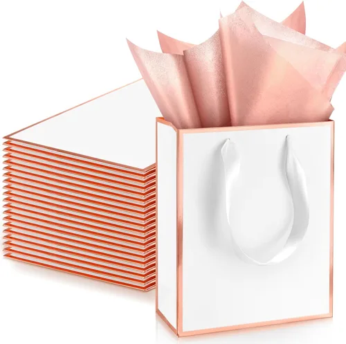 Miniatura 22 de Yeaqee Paquete de 24 bolsas de regalo de papel metálico con asa y papel de seda de 9 x 7 x 3.1 pulgadas, bolsas de favor de bienvenida con papel