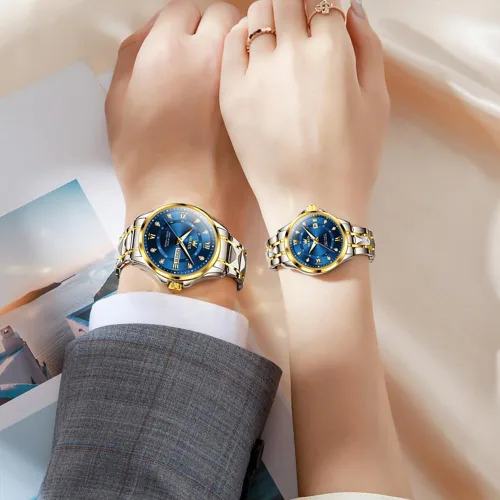 Miniatura 27 de OLEVS Reloj para parejas para él y ella, reloj analógico de cuarzo para hombres y mujeres, de acero inoxidable, impermeable, luminoso, fecha, reloj