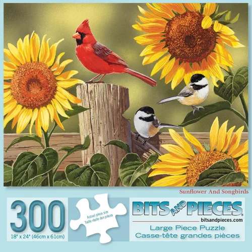 Miniatura 11 de Bits and Pieces Rompecabezas de 50 piezas para adultos - Girasol y pájaros cantores - Rompecabezas de cardenales por William Vanderdasson