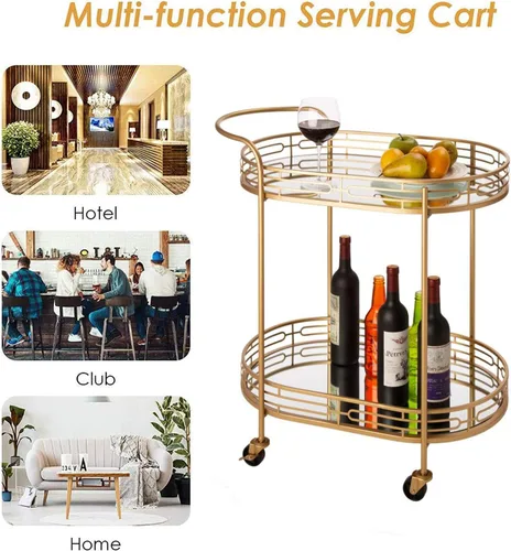 Miniatura 6 de Glitzhome Carrito de servicio de barra de 31 pulgadas de alto, soporte de barra de metal de lujo de 3 niveles con asa y ruedas bloqueables, carrito