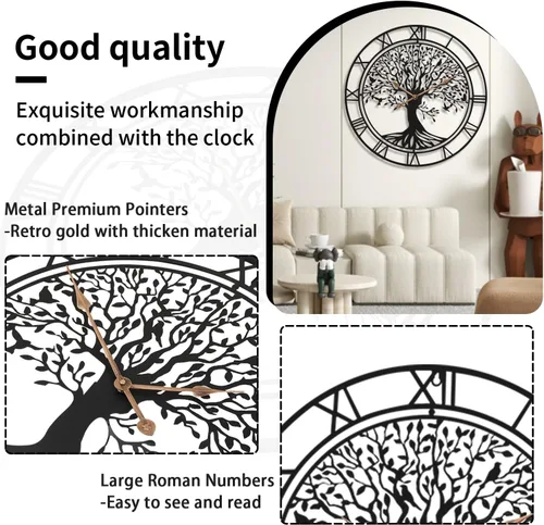 Miniatura 2 de Dankeit Reloj de pared con diseño de árbol de la vida, reloj de pared de metal negro de 24 pulgadas con árbol familiar de gran tamaño para sala