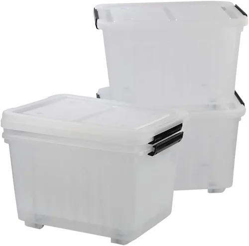 Caja de almacenamiento de plástico transparente de 30 L con ruedas, paquete de 4 contenedores de plástico transparente | Ultra-durable latching