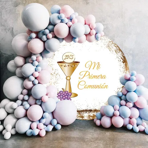 Miniatura 2 de Fondo redondo de bautismo de 7.2 pies de diámetro, Mi Primera, Comunión, bautizo, Dios bendiga oro con purpurina, cáliz morado, uvas moradas