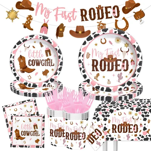 Miniatura 7 de Suministros de fiesta de cumpleaños de mi primer rodeo para niño - 142 piezas, vajilla occidental de vaquero para fiesta del 1er rodeo, decoración