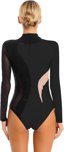 Miniatura 12 de iiniim Leotardo de malla para mujer, con diamantes de imitación, de malla, de manga larga, leotardos de gimnasia
