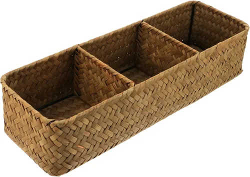 FOMIYES Caja de almacenamiento de mimbre con 3 compartimentos, organizador de escritorio rectangular para almacenamiento en el hogar y lavandería,