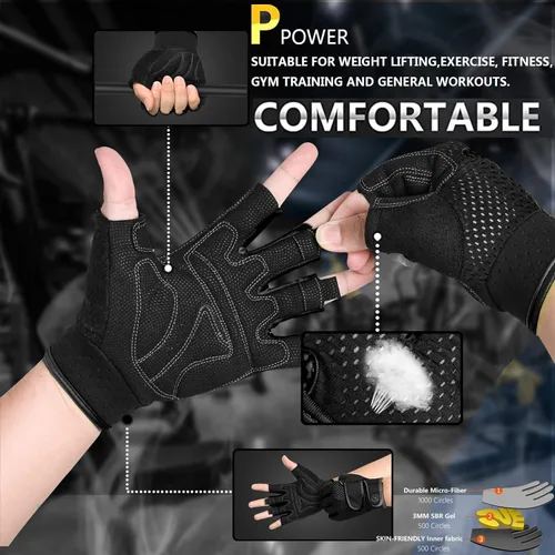 Miniatura 5 de Guantes de entrenamiento MOREOK con acolchado para levantamiento de pesas para hombres/mujeres, [Gel de 3MM] guantes sin dedos de agarre para Negro